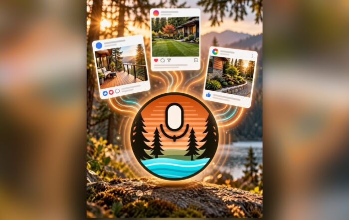 The Cedar Stream Voice microphone badge with three social media post cards for Facebook, Instagram and Google