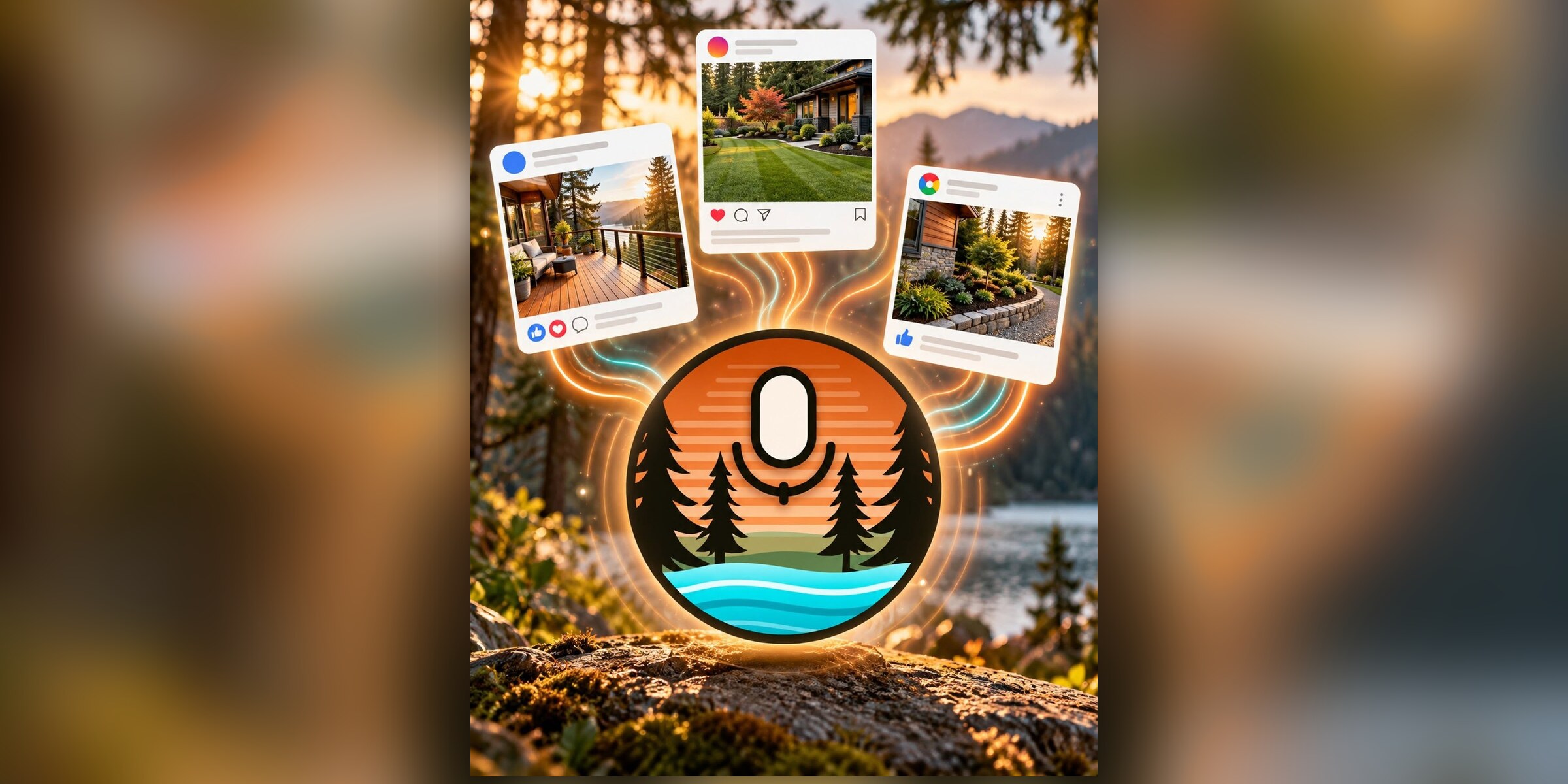 The Cedar Stream Voice microphone badge with three social media post cards for Facebook, Instagram and Google