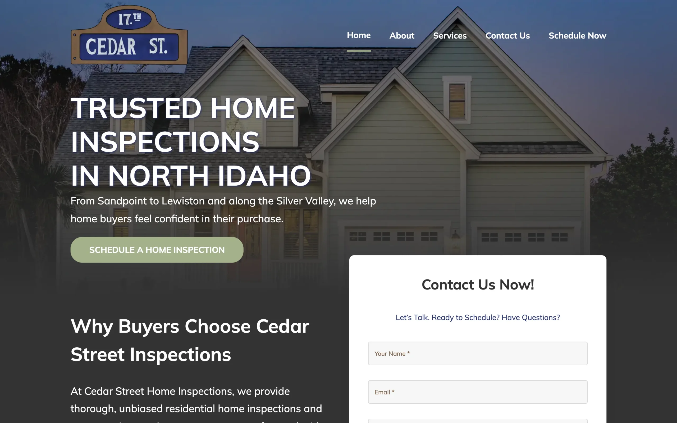 Cedar Street Home Inspections website, built by Cedar Stream Media