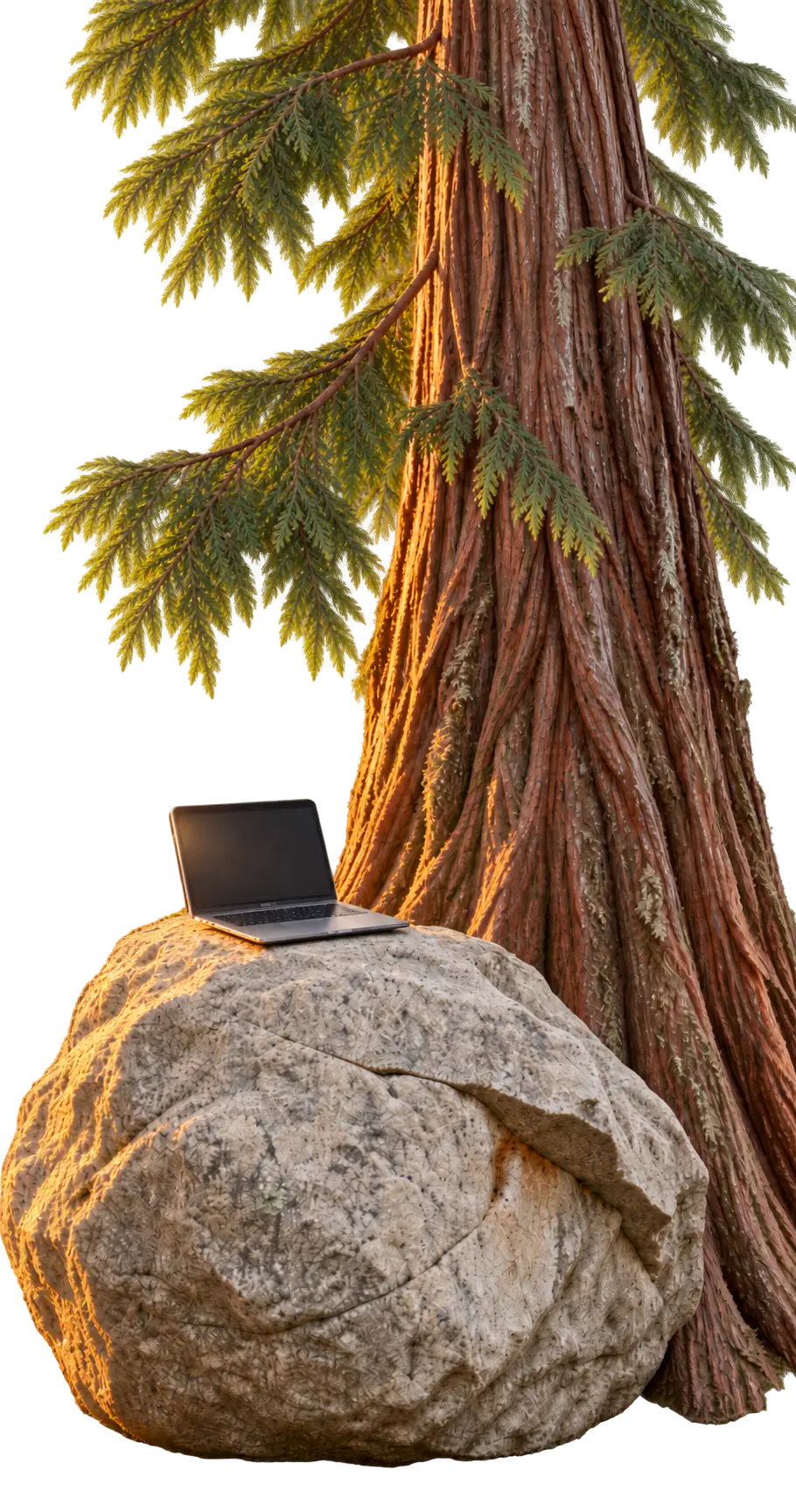 A MacBook on a granite boulder beneath a western red cedar
